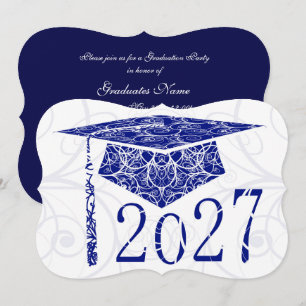 Blue and White Floral Cap 2027 Graduation Party Invitation