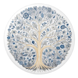 Blue and White Floral Ceramic Knob with Tree