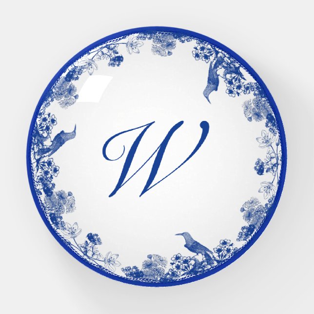 Blue and White Floral China Pattern Monogrammed Paperweight (Front)