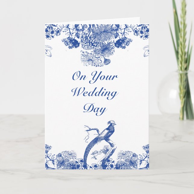 Blue and White Floral China Pattern Wedding Card (Front)