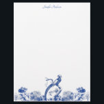 Blue and White Floral China Pattern with Bird<br><div class="desc">This letterhead paper is ready to be personalized with your name or other text at the top with blue and white floral motif with bird accent along the bottom that's inspired by vintage blue and white china dish patterns. There's a coordinating floral motif at the top of the reverse side....</div>