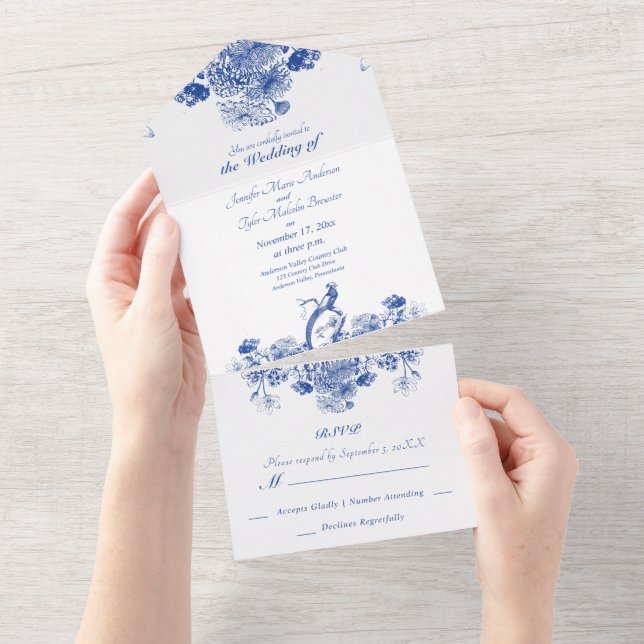Blue and White Floral China Pattern with Bird All All In One Invitation (Tearaway)