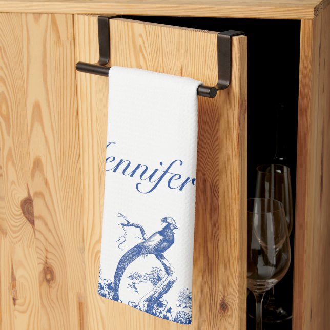 Blue and White Floral China Pattern with Bird Kitchen Towel (Thirds Fold)