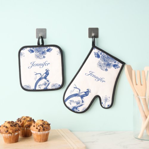 Blue and White Floral China Pattern with Bird Oven Mitt  Pot Holder Set