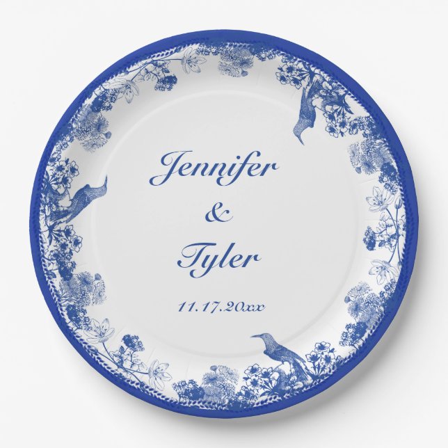 Blue and White Floral China Pattern with Bird Paper Plates (Front)