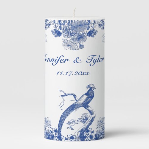 Blue and White Floral China Pattern with Bird Pillar Candle