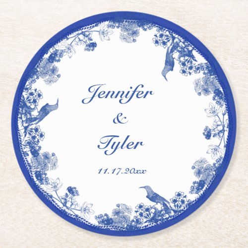 Blue and White Floral China Pattern with Bird Round Paper Coaster