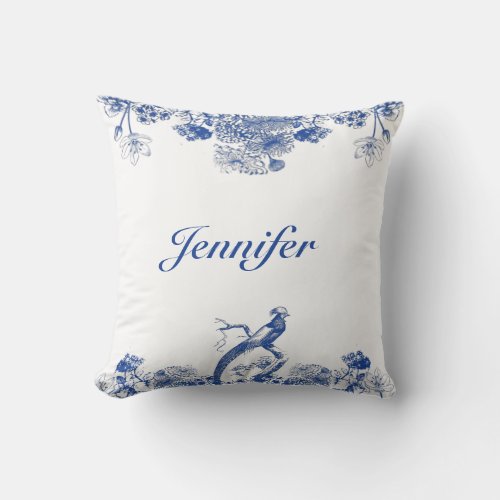 Blue and White Floral China Pattern with Bird Throw Pillow