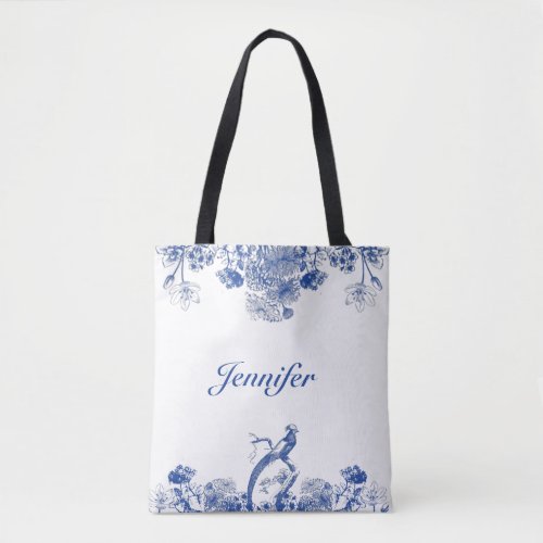 Blue and White Floral China Pattern with Bird Tote Bag