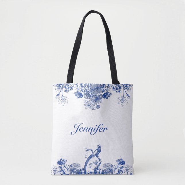 Blue and White Floral China Pattern with Bird Tote Bag (Front)