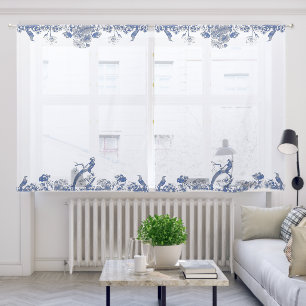 Blue and White Floral China Pattern with Birds Sheer Curtains