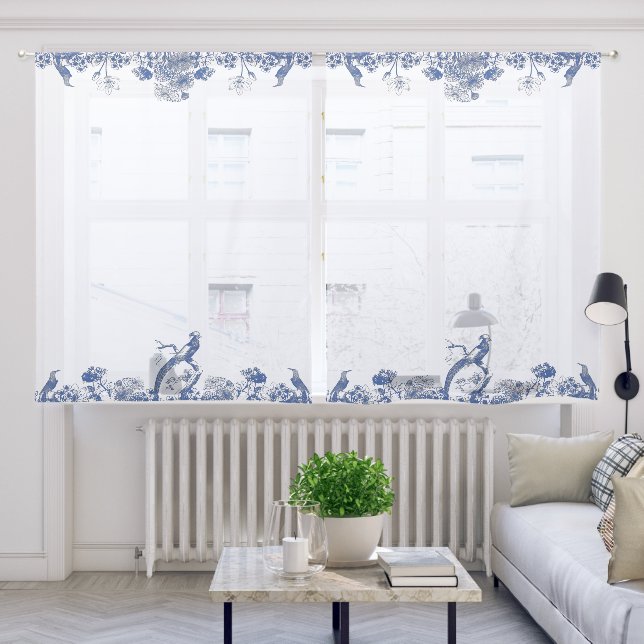 Blue and White Floral China Pattern with Birds Sheer Curtains (Living Room)