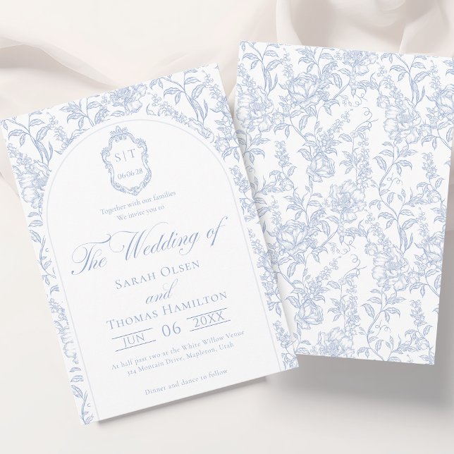 Blue and White Floral Chinoiserie Monogram Wedding Invitation (Creator Uploaded)
