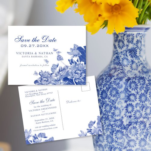 Blue and White Floral Chinoiserie Save the Date  P Postcard