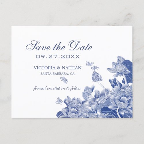 Blue and White Floral Chinoiserie Save the Date  Postcard