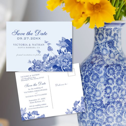 Blue and White Floral Chinoiserie Save the Date  Postcard