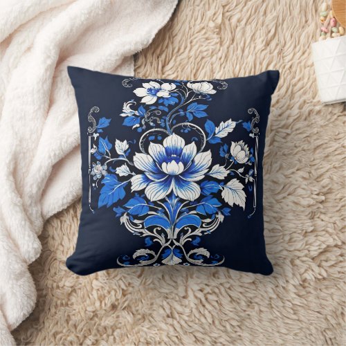 Blue And White Floral Chinoiserie Throw Pillow