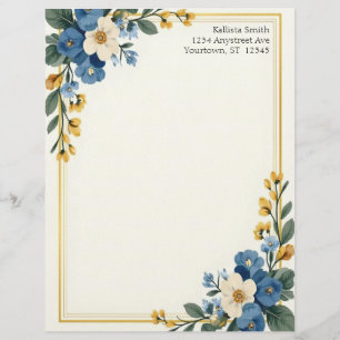 Blue and White Floral Corners Stationery Paper