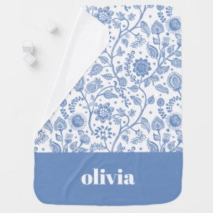 Blue and White Floral Custom Name Botanical Modern Baby Blanket