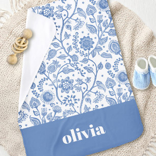 Blue and White Floral Custom Name Botanical Modern Baby Blanket