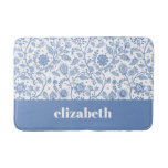 Blue and White Floral Custom Name Botanical Modern Bath Mat