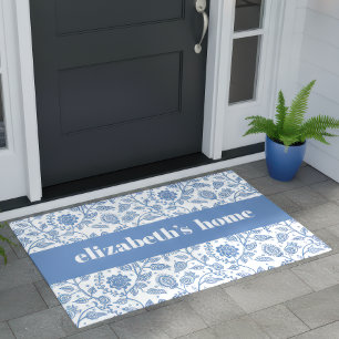 Blue and White Floral Custom Name Botanical Modern Doormat