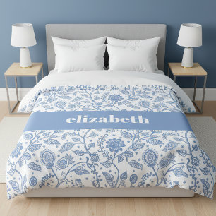 Blue and White Floral Custom Name Botanical Modern Duvet Cover
