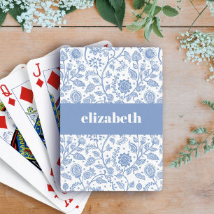 Blue and White Floral Custom Name Botanical Modern Poker Cards
