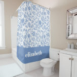 Blue and White Floral Custom Name Botanical Modern Shower Curtain