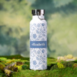 Blue and White Floral Custom Name Botanical Modern Water Bottle