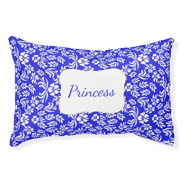Blue and White Floral Damask Custom Pet Bed (Front)