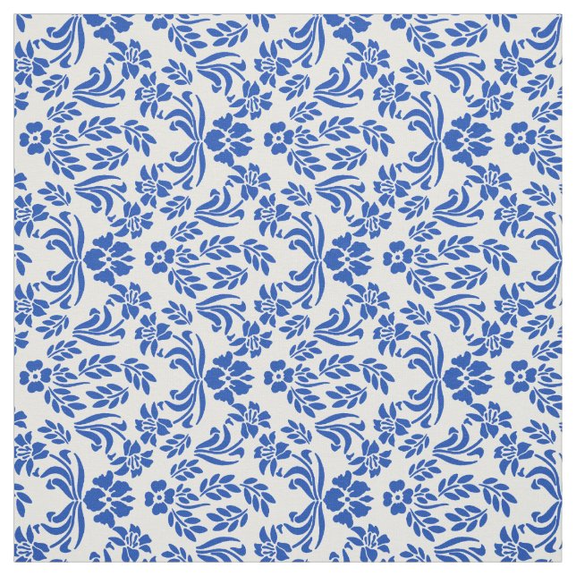 Blue and White Floral Damask Pattern Fabric (Swatch)