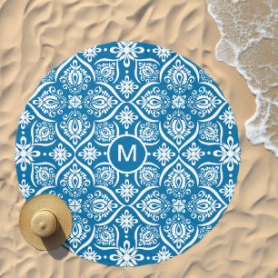 Blue And White Floral Damask Pattern Monogram  Beach Towel