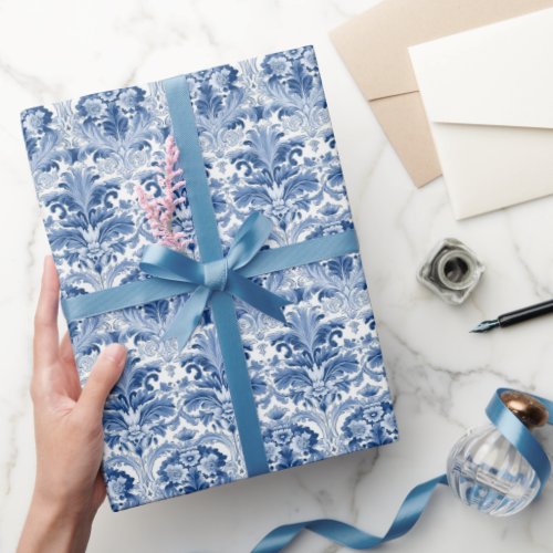 Blue and White Floral Damask Spanish Tile Wrapping Paper