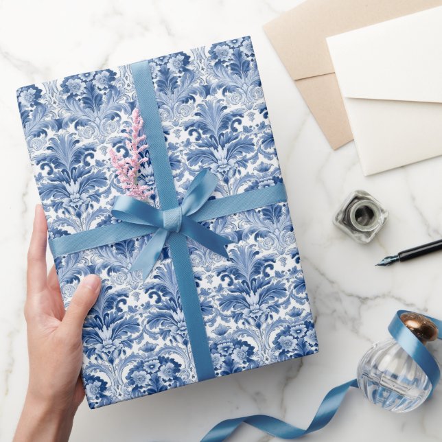Blue and White Floral Damask Spanish Tile Wrapping Paper (Gifting)