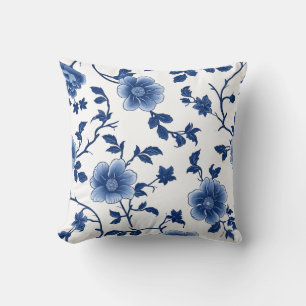 Blue and White Floral Decorative Pillow