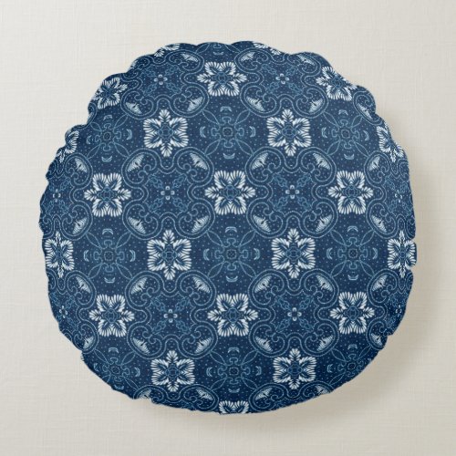 Blue and White Floral Design Round Throw Pillow