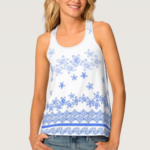 Blue and White Floral Design With Border Tank Top