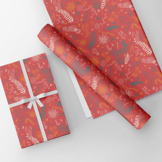 Blue and white Floral doodles on red Wrapping Paper Sheets (Creator Uploaded)