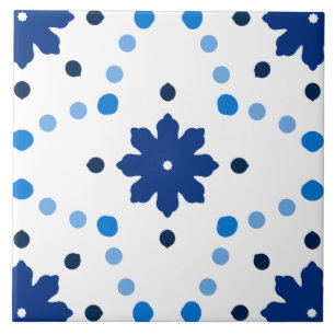 Blue and White Floral Dot Pattern Ceramic Tile