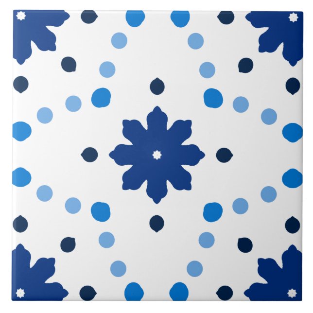 Blue and White Floral Dot Pattern Ceramic Tile (Front)