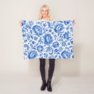 Blue and White Floral Elegance Fleece Blanket