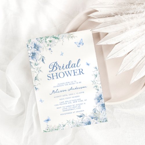 Blue and White Floral Elegant Bridal Shower Invitation
