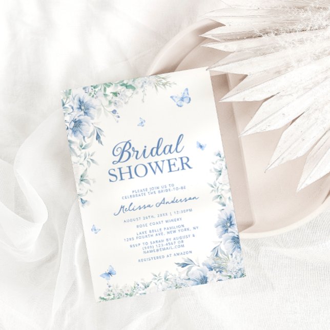 Blue and White Floral Elegant Bridal Shower Invitation (Creator Uploaded)