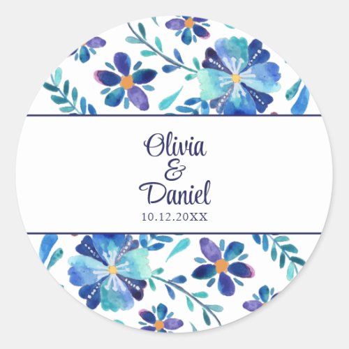 Blue and White Floral Fiesta Wedding  Classic Round Sticker