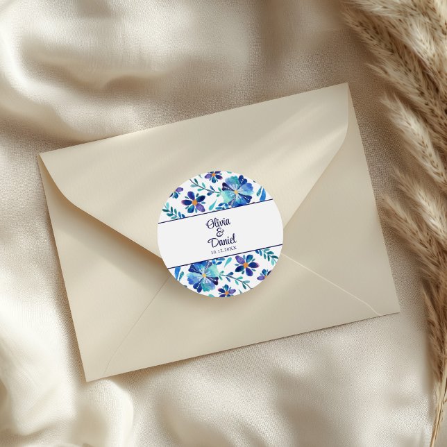 Blue and White Floral Fiesta Wedding  Classic Round Sticker (Blue and White Floral Fiesta Wedding Classic Round Sticker on an elegant wedding envelope.)