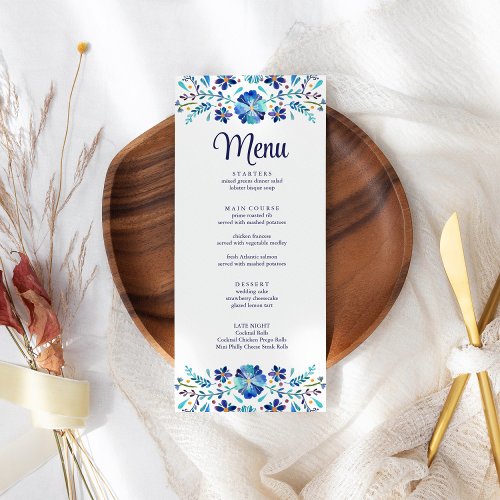 Blue and White Floral Fiesta Wedding Menu Card
