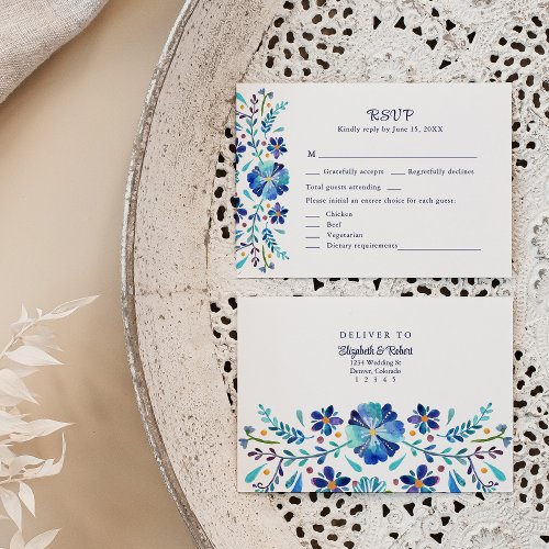 Blue and White Floral Fiesta Wedding RSVP Card