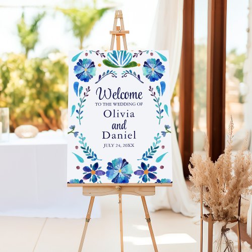 Blue and White Floral Fiesta Wedding Welcome Foam Board