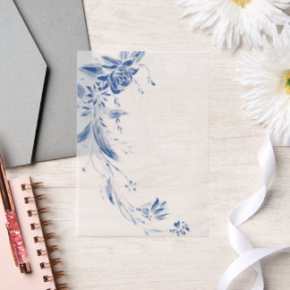 Blue and white floral garland wedding vellum invitations